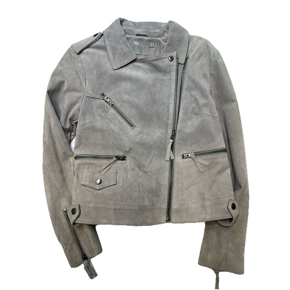 ASOS Women's Real Suede Leather Moto Biker Jacket - Gray - Size 8